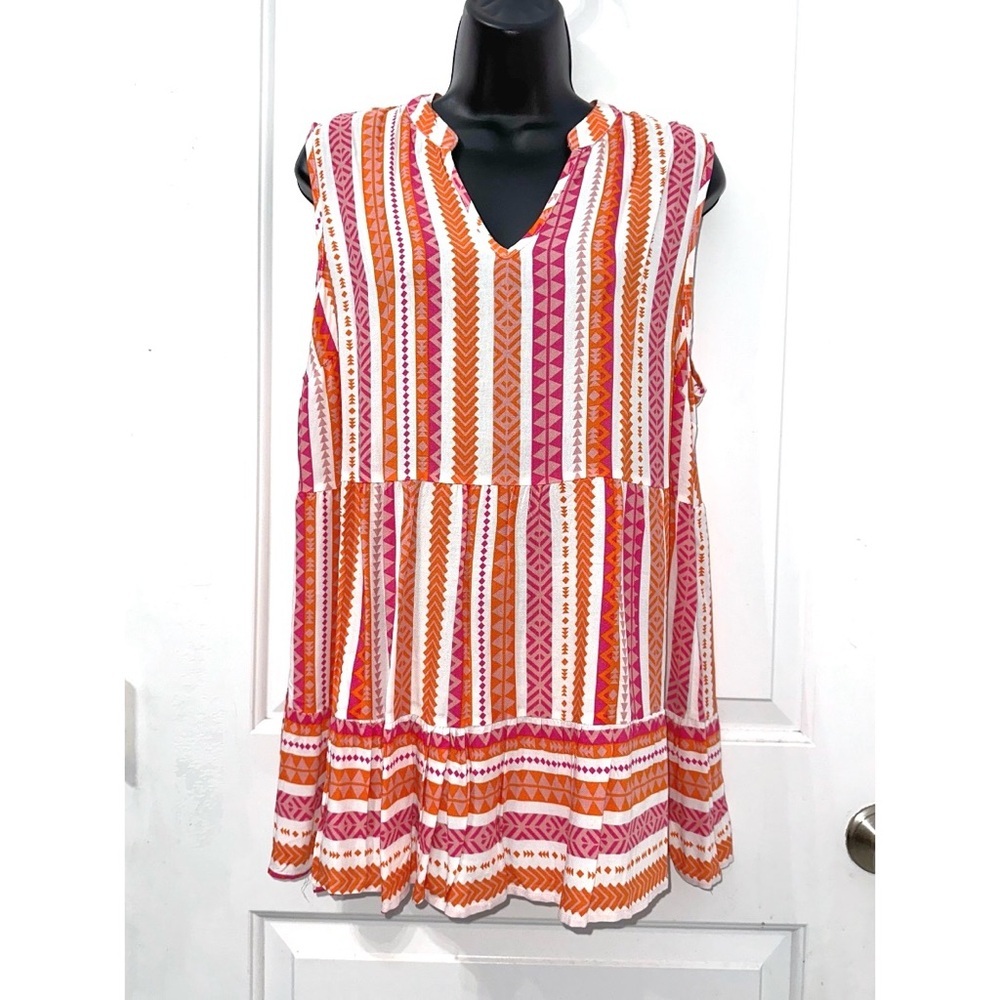 Unique Spectrum Tunic top in vibrant, multi-colored striped and Aztec pattern
